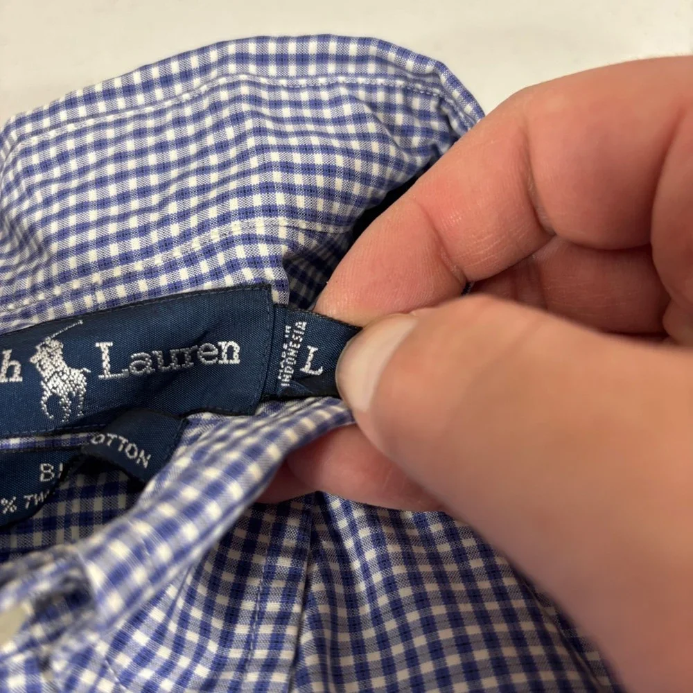Polo Ralph Lauren Blake Mens Large Blue White Gingham Check Cotton Button Down
